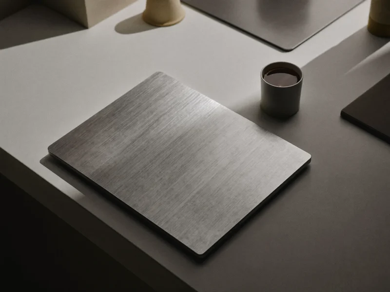 Illustration af en lukket ultrabook i børstet aluminium ved siden af en keramikkop