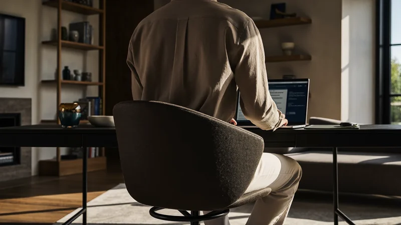 Illustration af en person, der bruger bærbar computer og hovedtelefoner ved et skrivebord